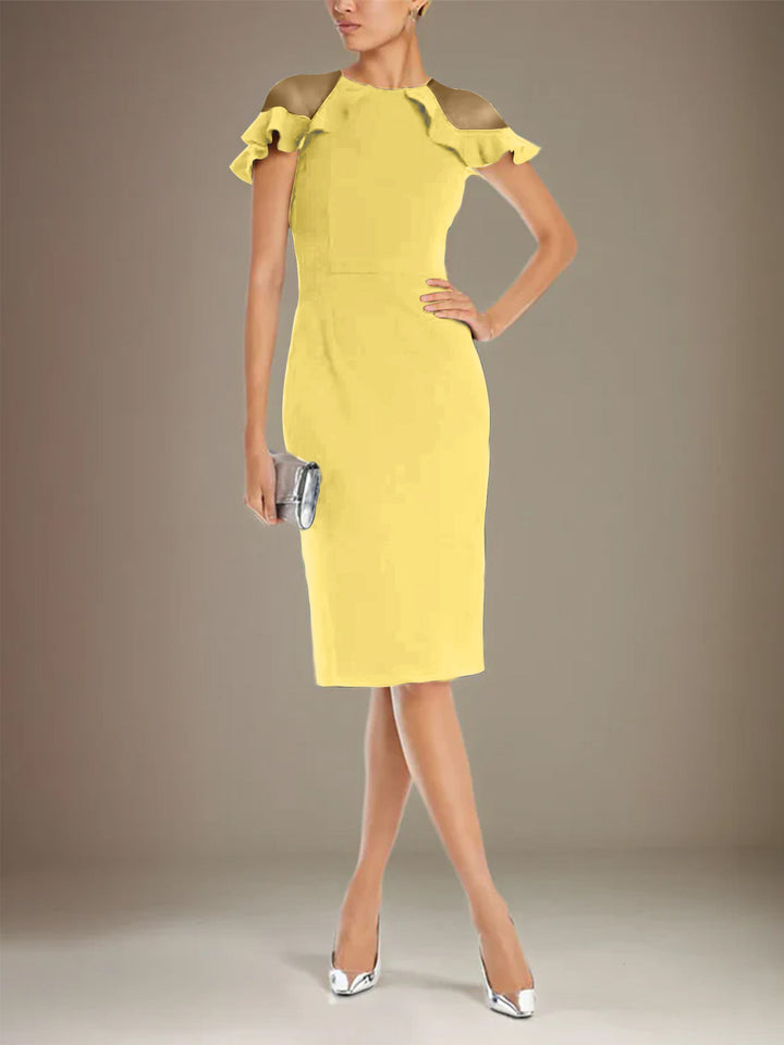 Sheath Dress with Column Stretch Crepe, Scoop Neck, Short Sleeves, Knee Length