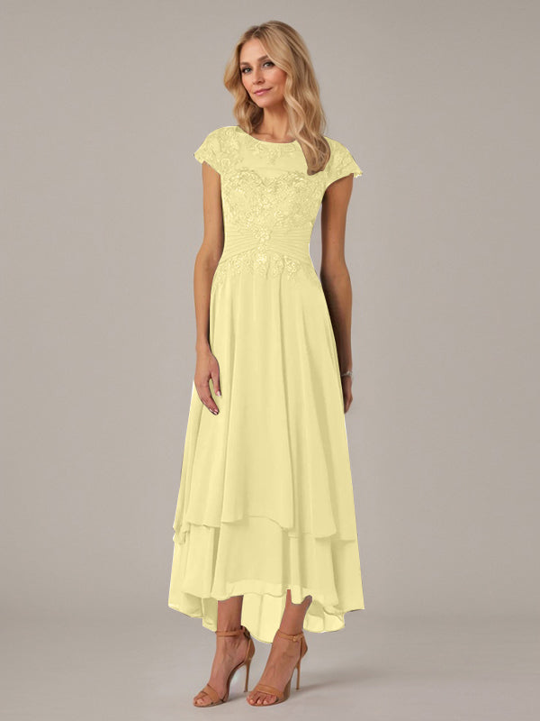 A-Line Boat Neck Illusion Asymmetrical Chiffon Lace Mother of the Bride Dress with Applique and Pleats