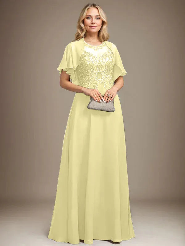 A-Line Scoop Neck Illusion Floor-Length Lace Chiffon Mother of the Bride Dress with Sequins
