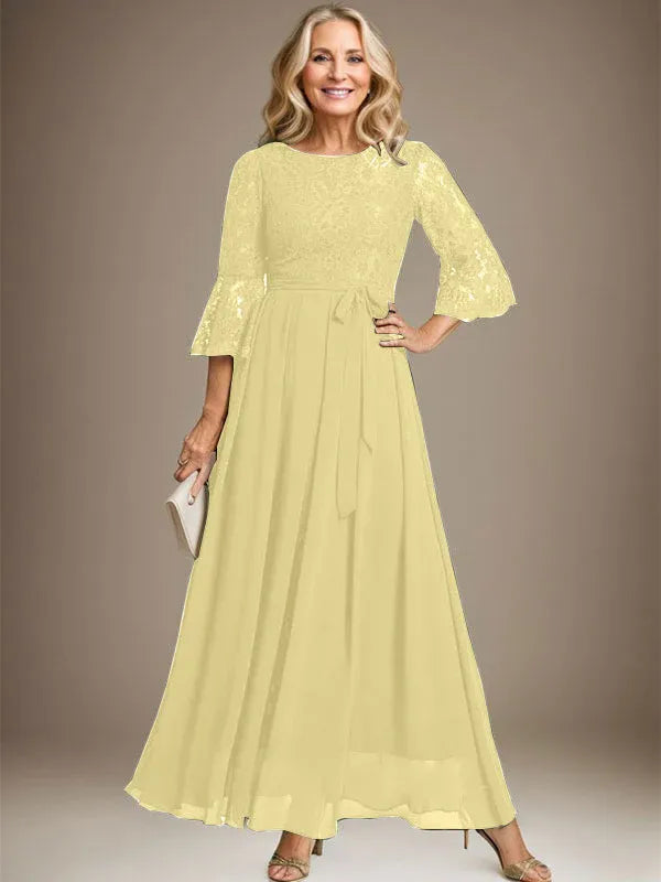 A-Line Scoop Neck Ankle-Length Lace Chiffon Mother of the Bride Dress with Bow