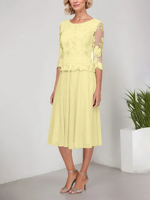 A-Line Scoop Neck Tea-Length Lace Chiffon Mother of the Bride Dress with Embroidery