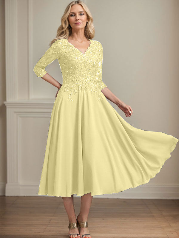A-Line V-Neck Tea-Length Chiffon and Lace Mother of the Bride Dress with Beading and Sequins