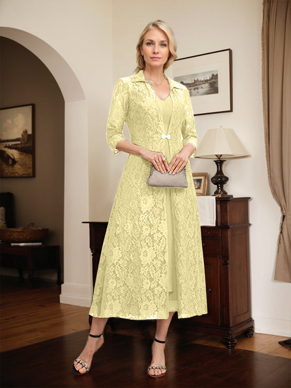 A-Line V-Neck Tea-Length Chiffon Mother of the Bride Dress
