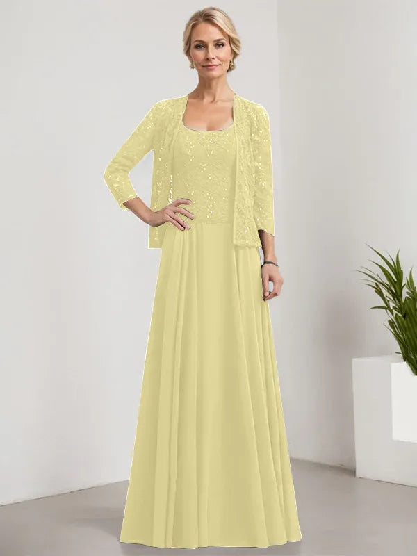 A-Line Square Neck Floor-Length Lace and Chiffon Mother of the Bride Dress with Sequins