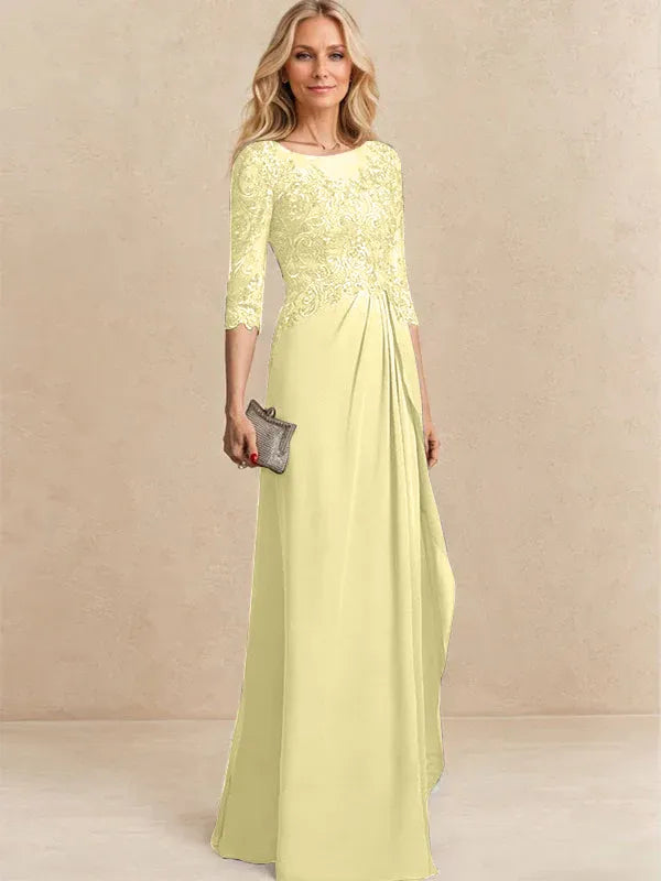 A-Line Scoop Illusion Floor-Length Chiffon and Lace Mother of the Bride Dress with Beading, Sequins, and Cascading Ruffles