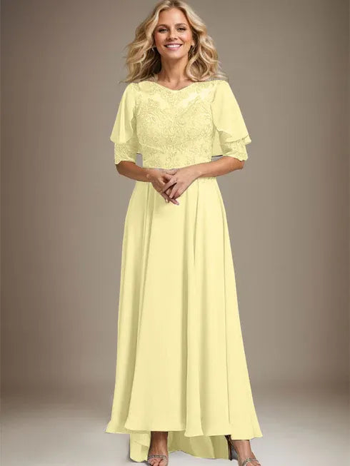 A-Line Scoop Neck Illusion Asymmetrical Chiffon and Lace Mother of the Bride Dress with Beading
