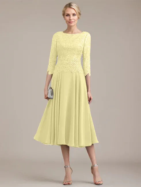 A-Line Scoop Neck Tea-Length Lace Chiffon Mother of the Bride Dress