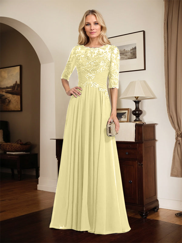 A-Line Scoop Neck Illusion Floor-Length Chiffon and Lace Mother of the Bride Dress with Pleated Sequins