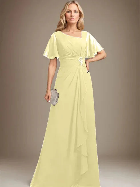 A-Line Asymmetrical Floor-Length Chiffon Mother of the Bride Dress with Pleated Beading and Sequins