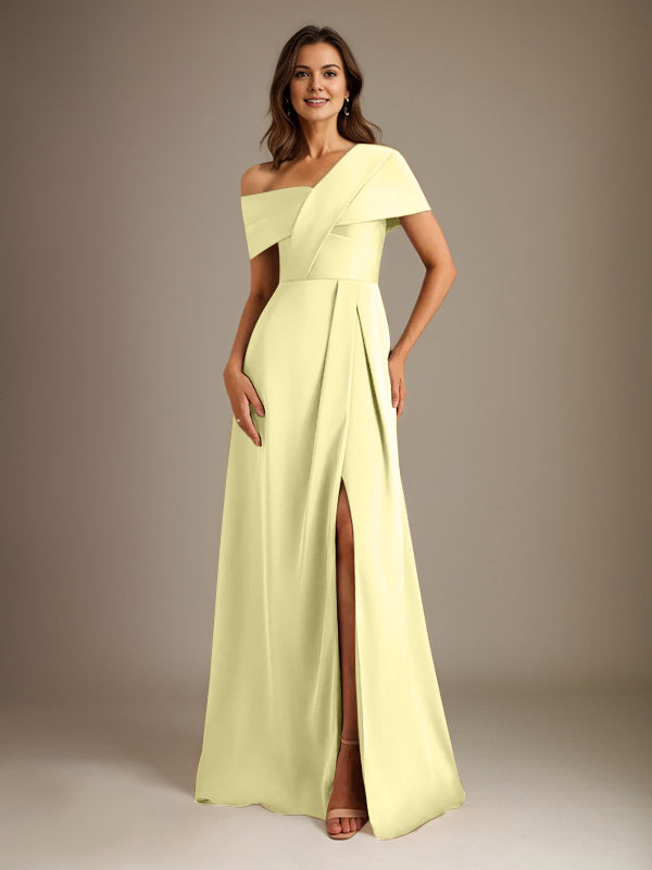 A-Line Satin Mother of the Bride Dress with Asymmetrical Neckline, Floor-Length, and Pleated Design