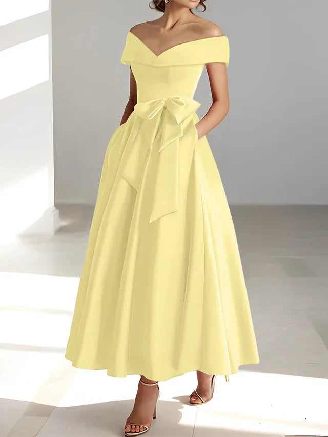 A-Line Off-the-Shoulder Sleeveless Ankle-Length Mother of the Bride Dress with Pockets