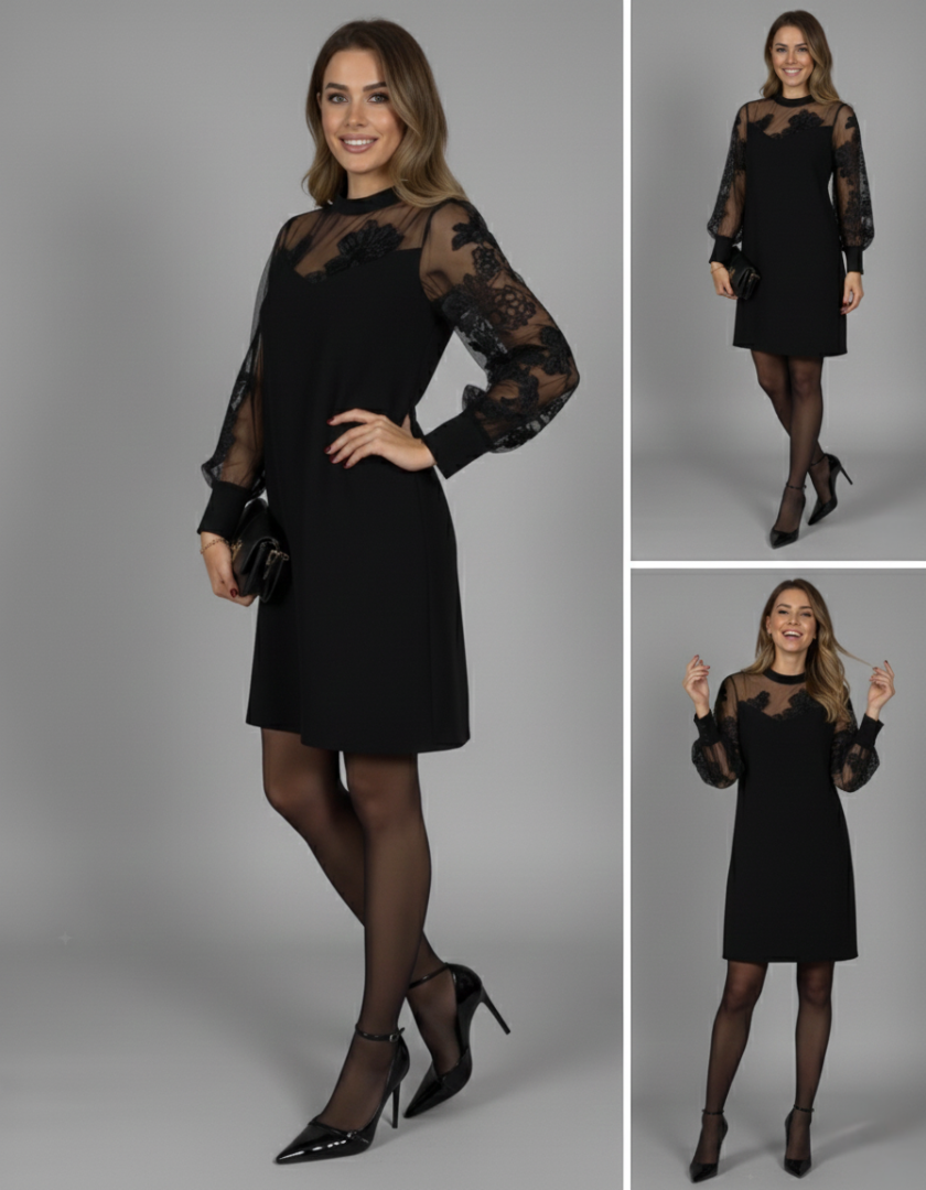 Victoria | Elegant Black Dress with Tulle Sleeves