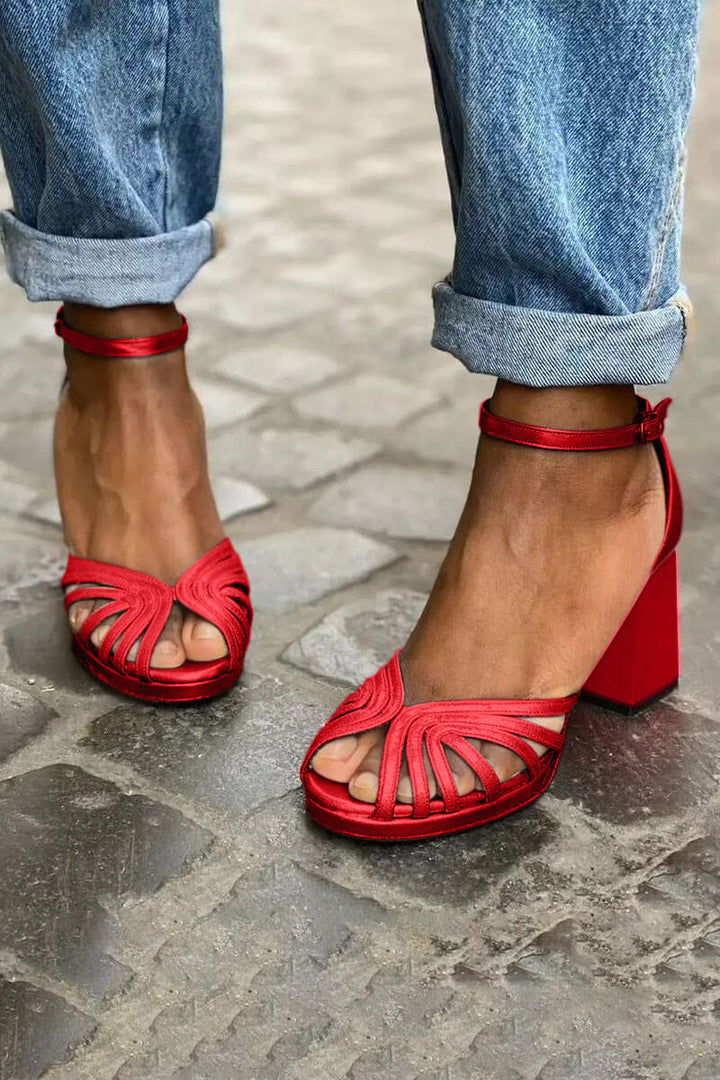 Leonora | Chunky Peep-Toe Sparkle Elegant Ankle Strap Buckle Heels