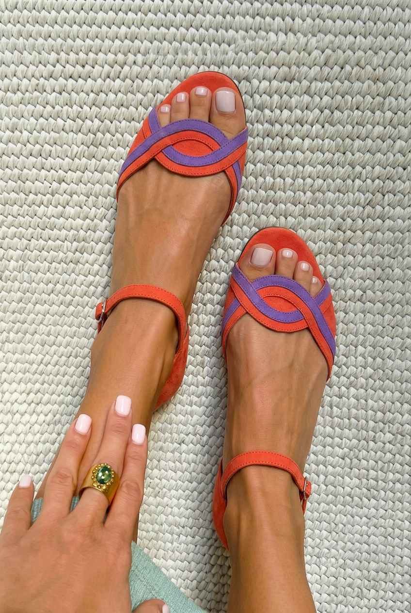 Annabel – Suede Flat Open-Toe Interlocking Ankle Strap Sandals