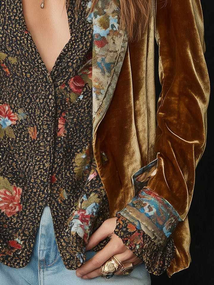 Women's Vintage Floral Print Patchwork Blazer
