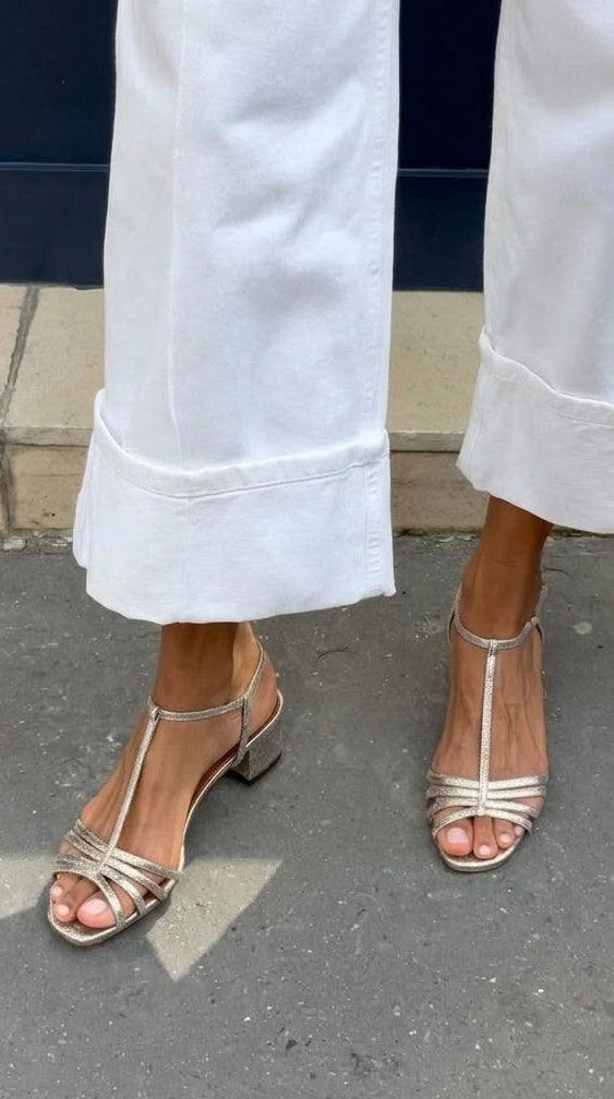 Aurelia | Metallic Buckle T-Strap Block Sandals