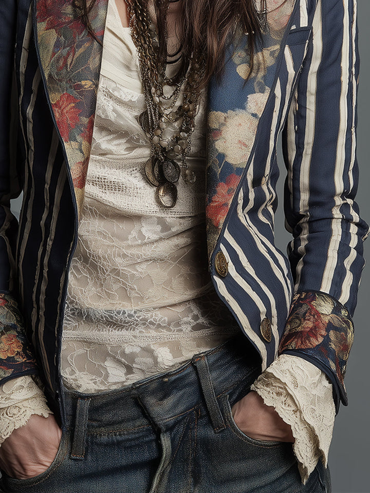 Women's Boho Floral Print Striped Blazer