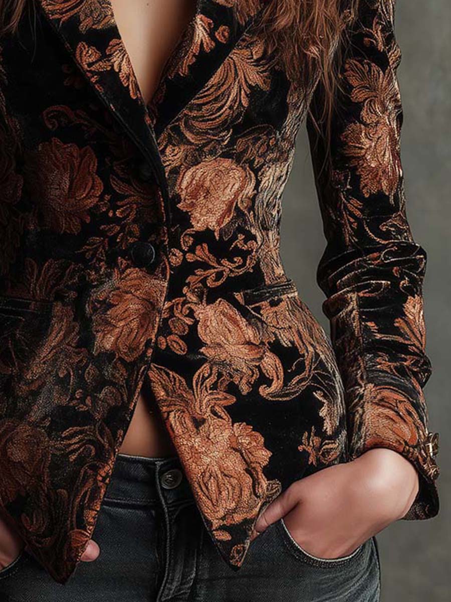 Women's Black And Bronze Floral Print Tailored Blazer