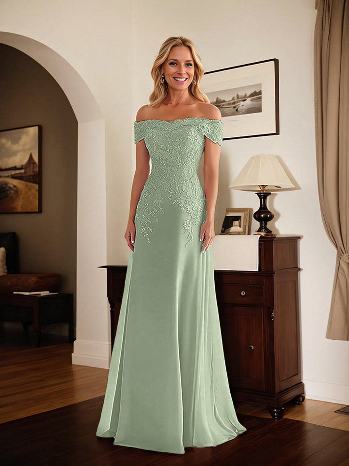 Elegant Taupe Off-the-Shoulder Lace Sheath Dress for Mother of the Bride