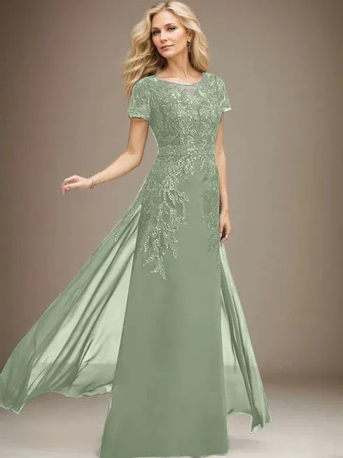 Floor-Length Lace Chiffon Mother of the Bride Dress with Sheath/Column Scoop Illusion and Sequins