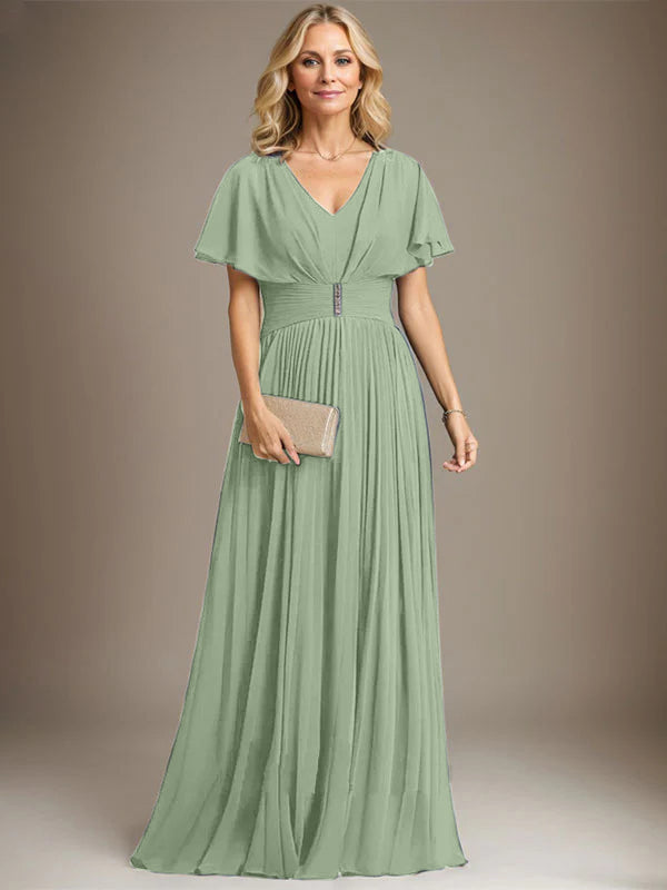 A-Line V-Neck Floor-Length Chiffon Mother of the Bride Dress with Crystal Brooch and Pleated Design