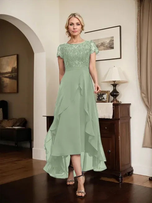A-Line Scoop Neck Illusion Asymmetrical Chiffon Lace Mother of the Bride Dress with Bow, Ruffle, and Sequins