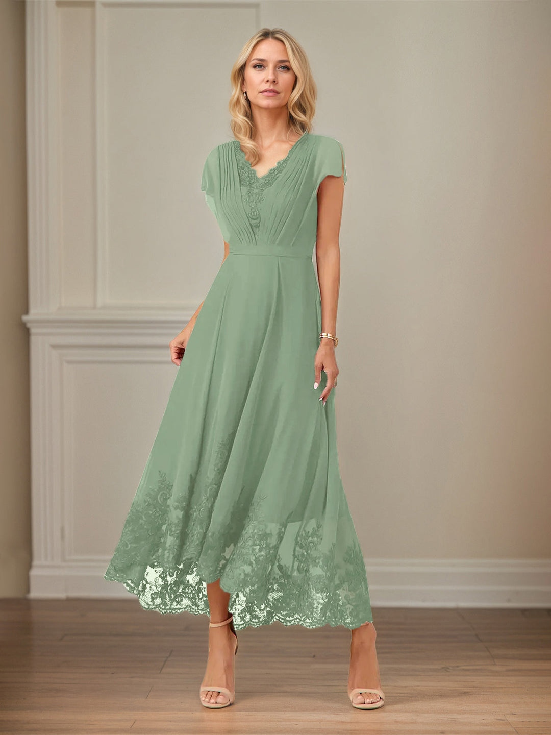 A-Line V-Neck Flutter Sleeve Chiffon Dress with Appliques and Ankle Length