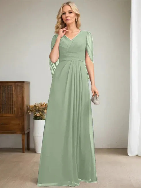 Dark Navy A-Line V-Neck Long Mother of the Bride Dress