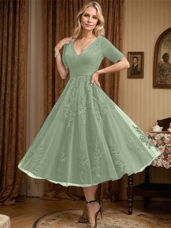 A-Line V-Neck Tea-Length Tulle Lace Mother of the Bride Dress with Pleats