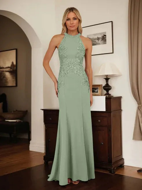 Dusty Blue Sheath Halter Mother of the Bride Dress with Appliqué Details