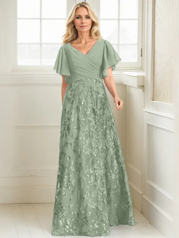 A-Line V-Neck Floor-Length Lace and Sequin Chiffon Mother of the Bride Dress with Pleats