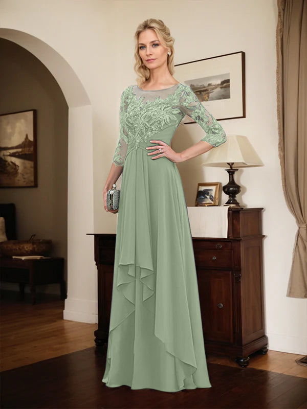 A-Line Scoop Neck Illusion Floor-Length Lace Chiffon Mother of the Bride Dress with Cascading Ruffles