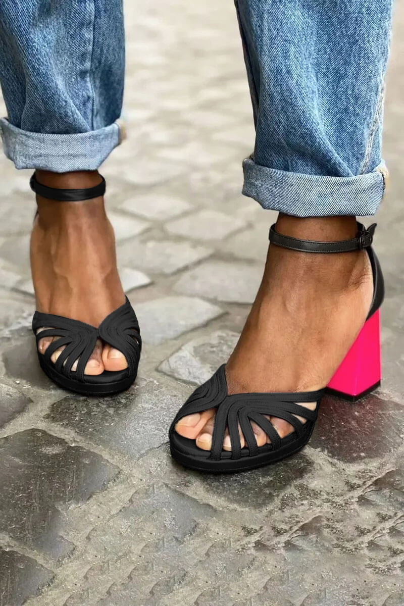 Leonora | Chunky Peep-Toe Sparkle Elegant Ankle Strap Buckle Heels