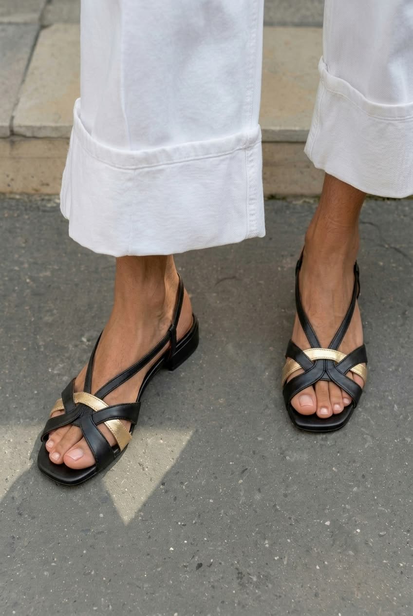 Corinne – Slingback Square-Toe Crossover Strap Strappy Low Sandals