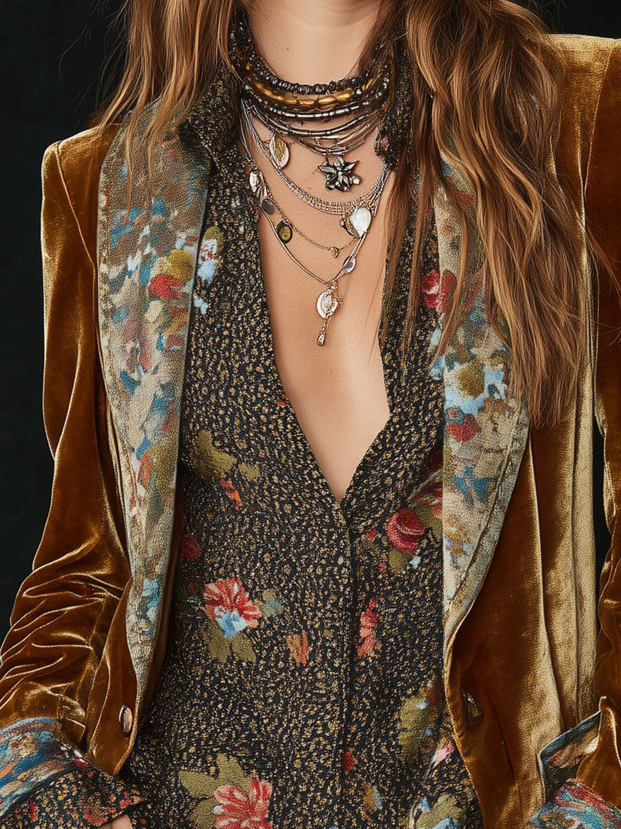 Women's Vintage Floral Print Patchwork Blazer