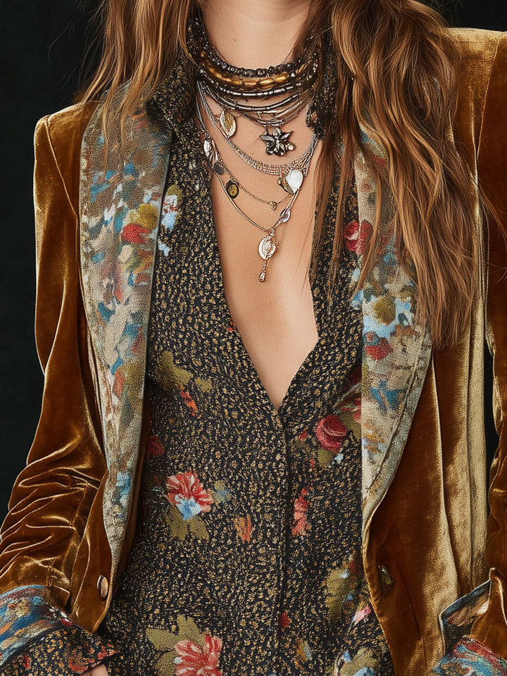 Women's Vintage Floral Print Patchwork Blazer