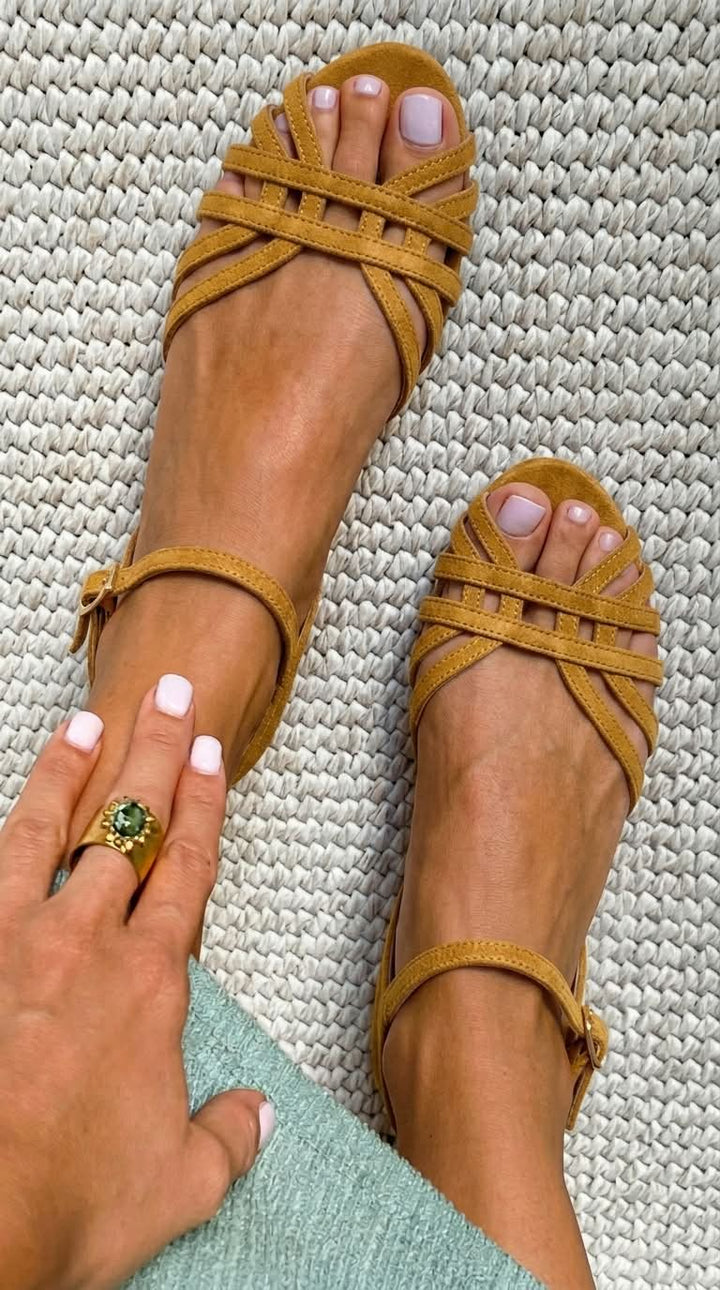Cecilia | Suede Flat Ankle Buckle Multi-Strap Sandals