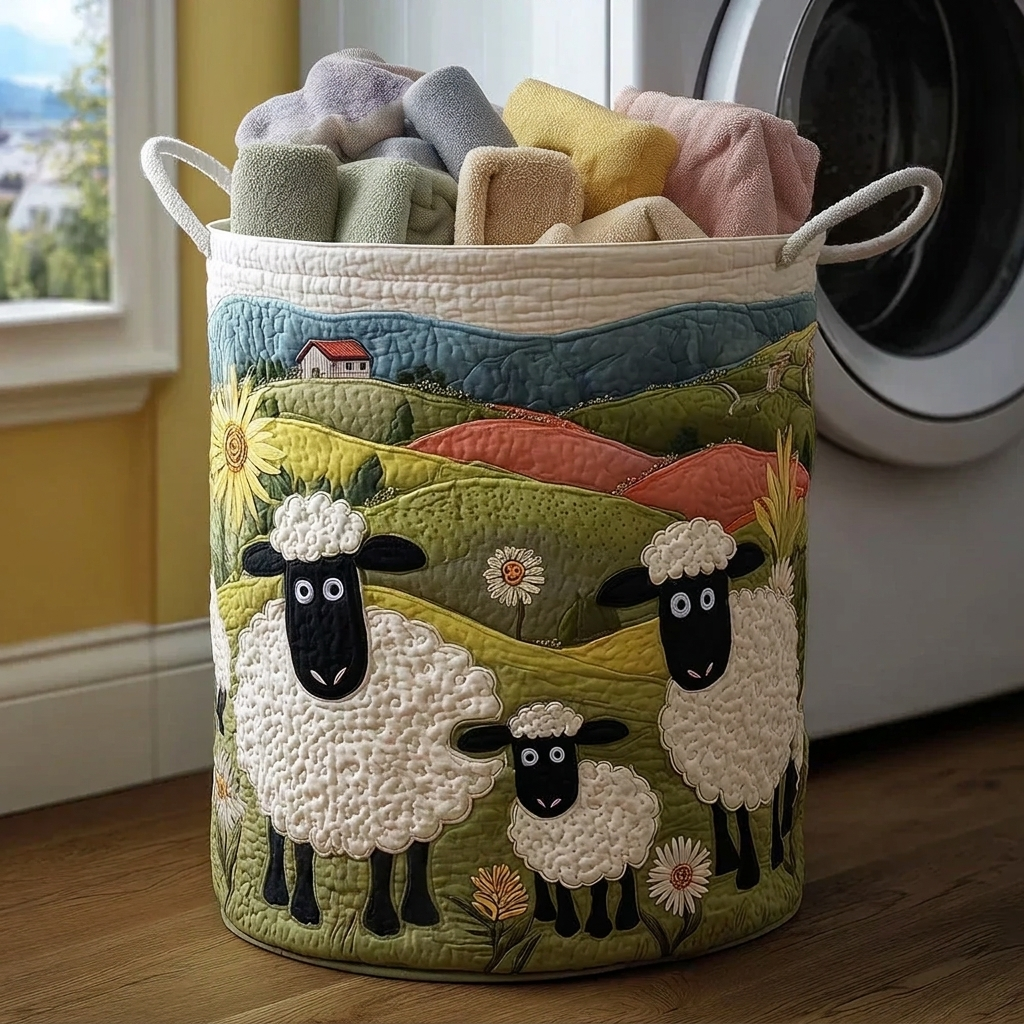 Sheep in Valley | Quilted Laundry Basket