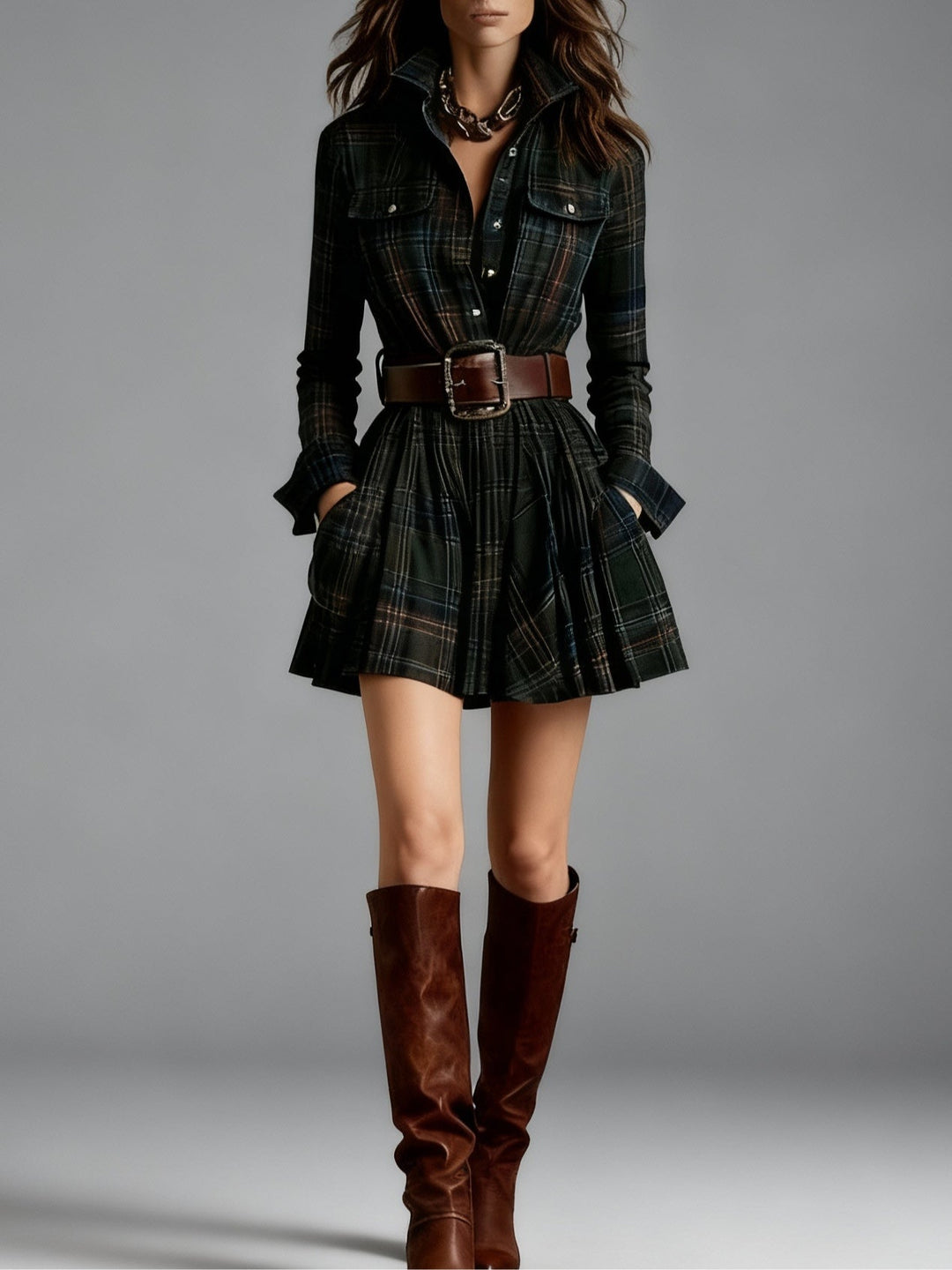 Vintage Lapel Red and Brown Plaid Mini Dress（Includes belt）