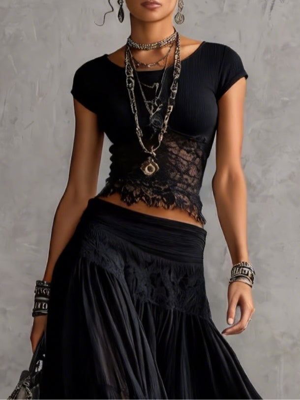 Maya | Lace Panel Top & Pleated Maxi Chiffon Skirt Set