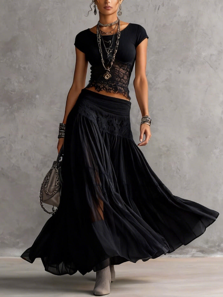 Maya | Lace Panel Top & Pleated Maxi Chiffon Skirt Set