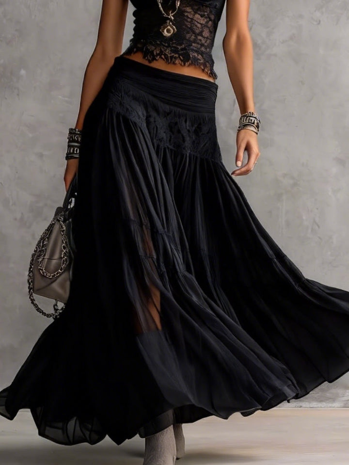 Maya | Lace Panel Top & Pleated Maxi Chiffon Skirt Set