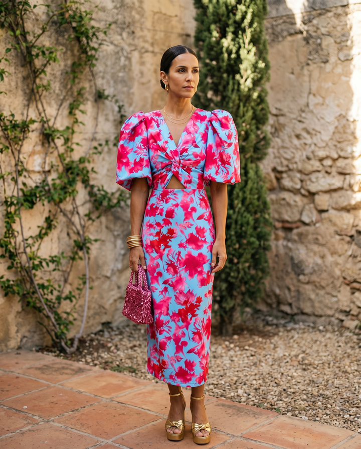 Carla | Puff Sleeve Floral Midi Dress