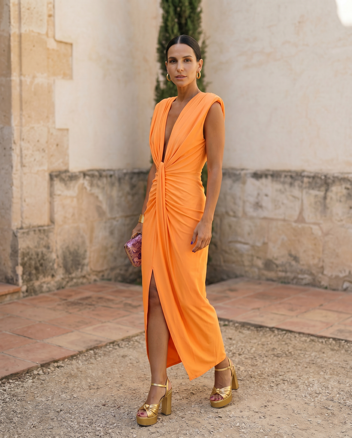 Selena | Elegant Draped Fiery Dress