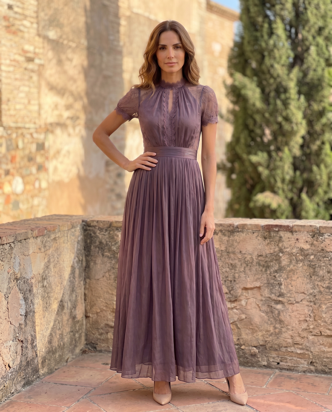 Flavia Long Purple Dress with Keyhole Neckline and Chiffon Lace Trim