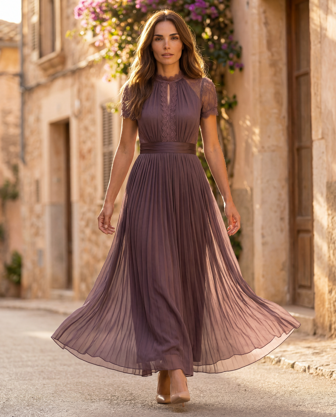 Flavia Long Purple Dress with Keyhole Neckline and Chiffon Lace Trim
