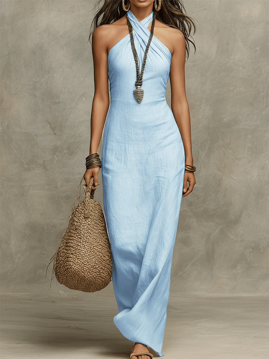 Avelina™ – Oversized Long Cotton and Linen Dress, American Collar