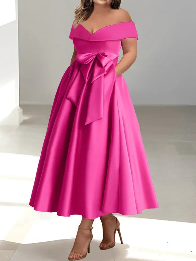 A-Line Off-the-Shoulder Sleeveless Ankle-Length Mother of the Bride Dress with Pockets
