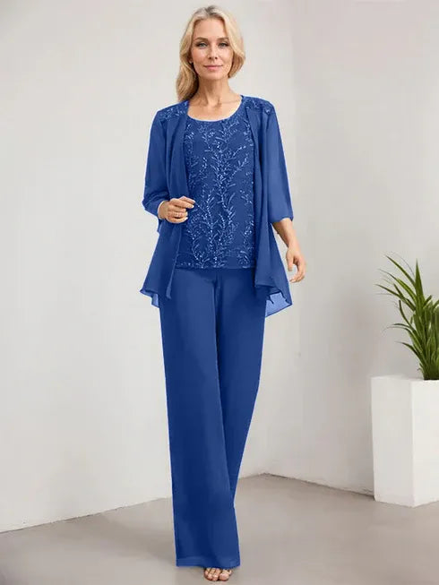 Floor-Length Lace Chiffon Mother of the Bride Jumpsuit/Pantsuit with Scoop Neck and Sequins