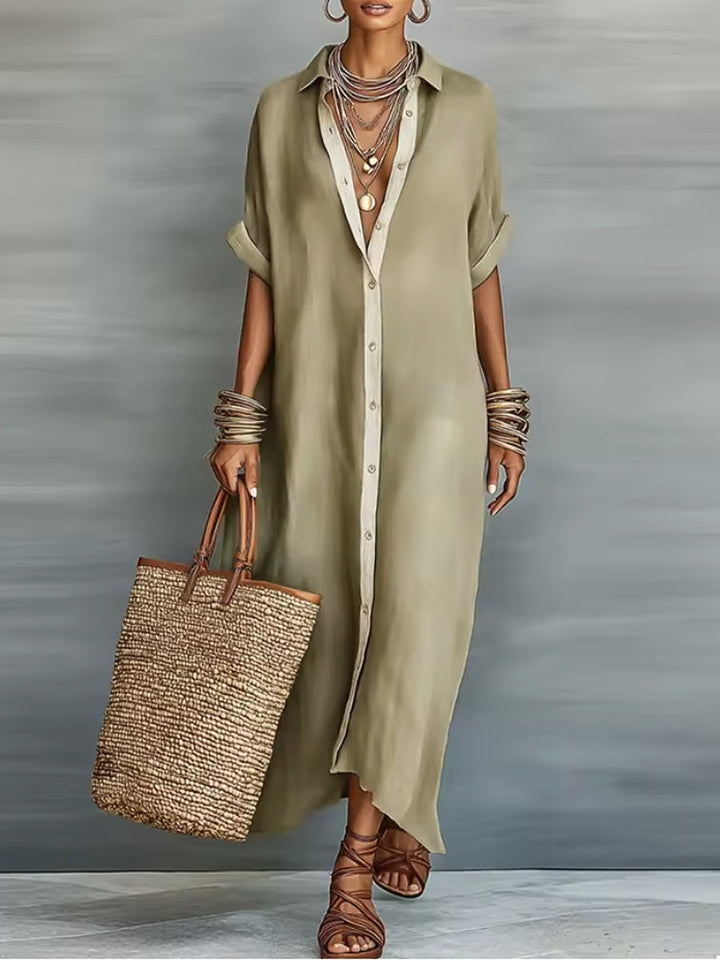 Manelle | Robe Longue Verte Olive à Lignes Minimalistes